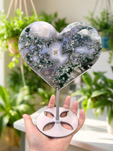 Load image into Gallery viewer, Stunning Moss Agate Heart statement piece on stand