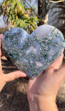 Load image into Gallery viewer, Stunning Moss Agate Heart statement piece on stand