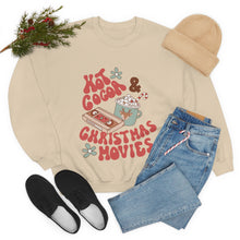 Load image into Gallery viewer, Hot Cocoa and Christmas Movies Crewneck sweatshirt featuring a sage green cup of hot cocoa topped with marshmallows and a candy cane alongside an old-school vhs tape