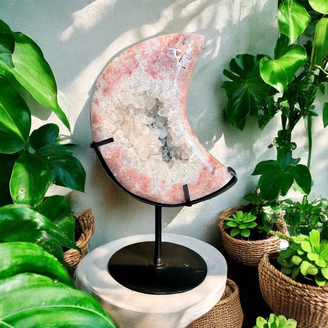 Pink Amethyst Druzy moon on stand