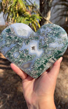 Load image into Gallery viewer, Stunning Moss Agate Heart statement piece on stand
