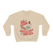 Load image into Gallery viewer, Hot Cocoa and Christmas Movies Crewneck sweatshirt featuring a sage green cup of hot cocoa topped with marshmallows and a candy cane alongside an old-school vhs tape 
